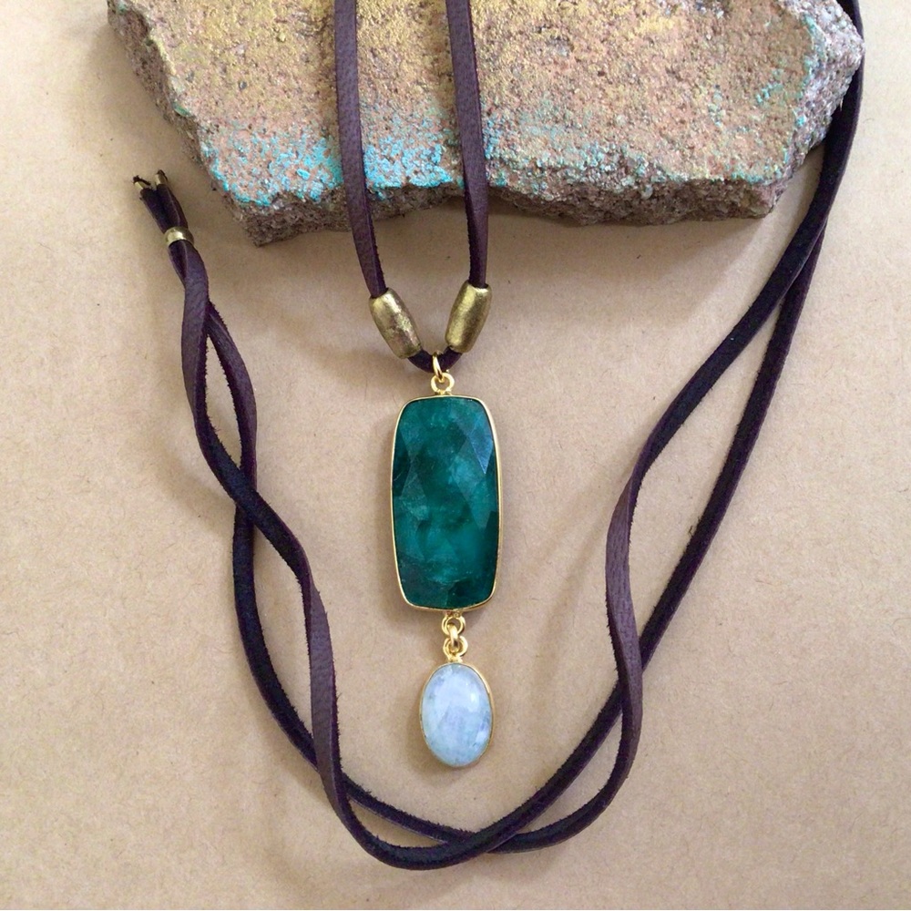 Sundance Charm Gold Vermeil Emerald Moonstone Necklace